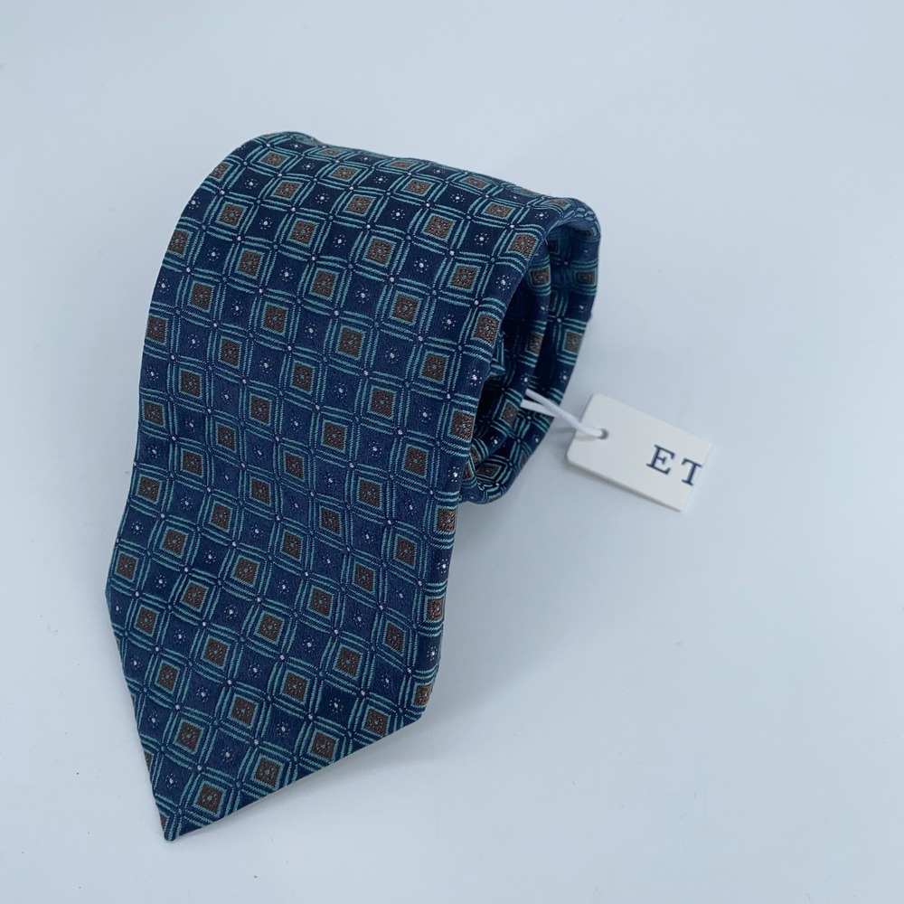 Eton Tie Mens One Size Navy Brown Patterned Silk Professional Necktie Italy Made